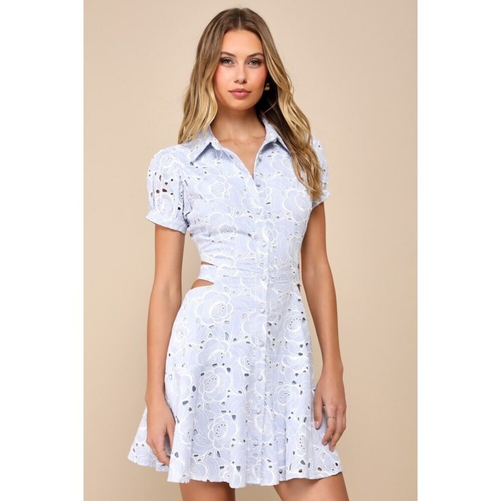 Lulus Perfectly Angelic Light Blue Embroidered Floral Mini Dress - Size S